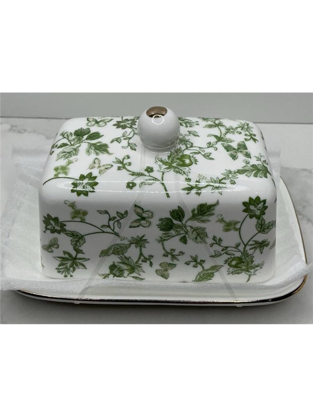 Grace Teaware Butter Dish W/Lid  1/2 Stick Green Floral Butterfly  Porcelain New